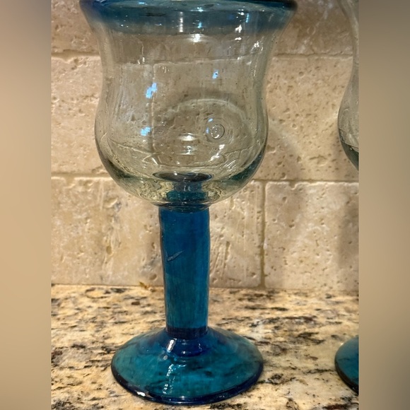 Mexico Hand-Blown Wine or Water Goblet Pair in Cobalt / Ocean Blue. Very Unique - Picture 3 of 4